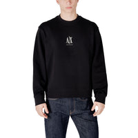 Sweat col rond Armani Exchange homme noir de face, logo AX et mention Armani Exchange imprimés en blanc au centre de la poitrine