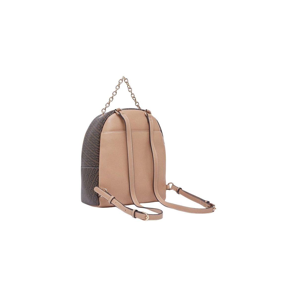 Image 3 : Détail chaîne dorée et logo Liu Jo embossé sur sac à dos marron motif monogramme — Delvale