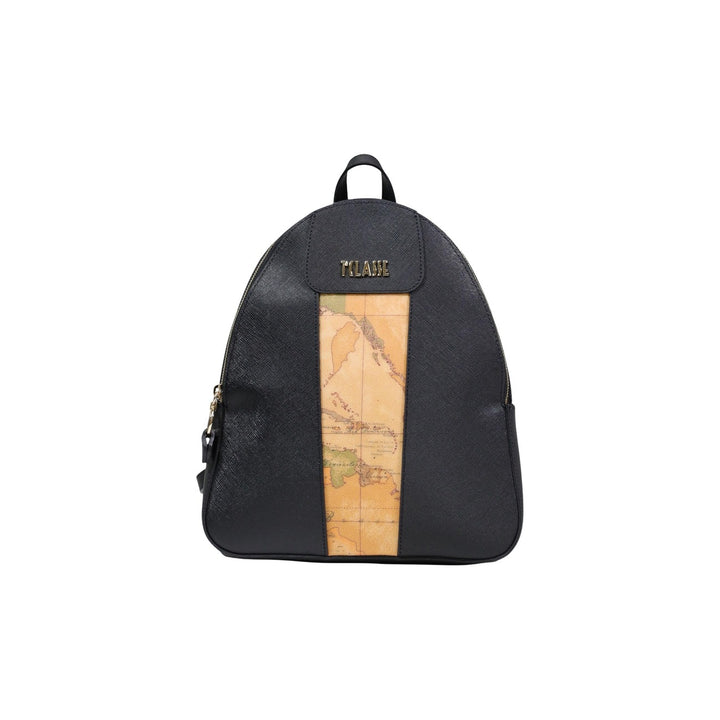 Image 1 : Sac à dos Alviero Martini Prima Classe noir en cuir synthétique texturé saffiano avec bande imprimée carte du monde et logo doré en façade — Delvale