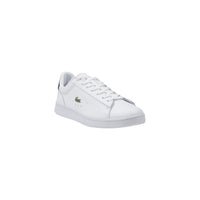 Image 2 : Sneakers Lacoste homme blanches vue 3/4 avant, lacets blancs et semelle blanche — Delvale
