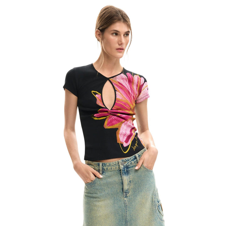 Image 1 : T-shirt Desigual femme noir à motif floral avec col rond et manches courtes — delvale